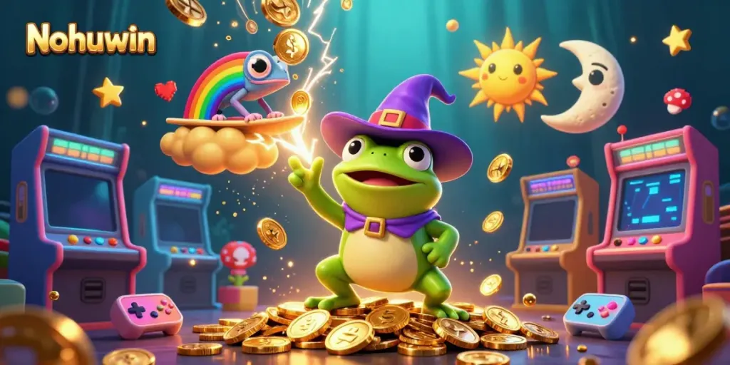 Join Nohuwin players in a vibrant 3D casino scene filled with exciting game elements and golden rewards.