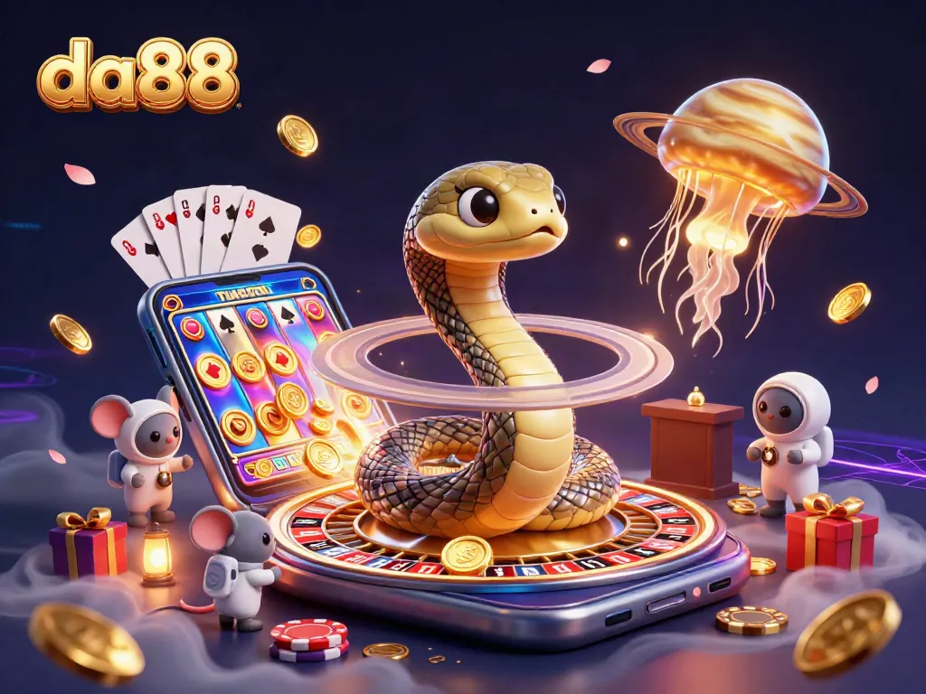 Engage in thrilling bets with da88's luxurious 3D illustrated casino adventure featuring vibrant cosmic elements.