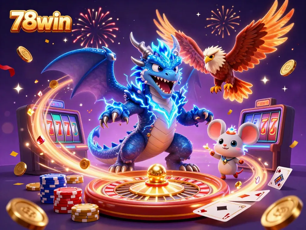 Experience thrilling games at 78win with powerful characters surrounded by gold coins and casino elements.