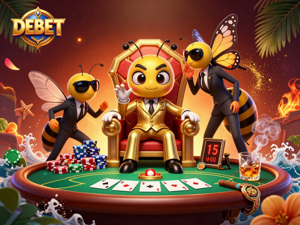 DEBET casino scene with animated characters and a rich display of poker elements and vibrant colors.