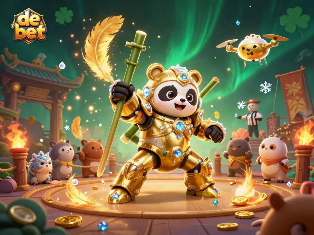 Experience thrilling action with de bet in a vibrant 3D casino arena featuring a golden panda and dynamic gaming elements