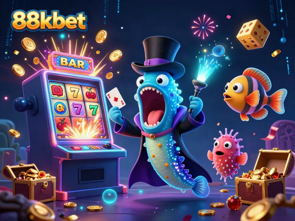 88kbet showcases a magical undersea casino scene with a bioluminescent eel and anglerfish, bursting with vibrant gaming elements.