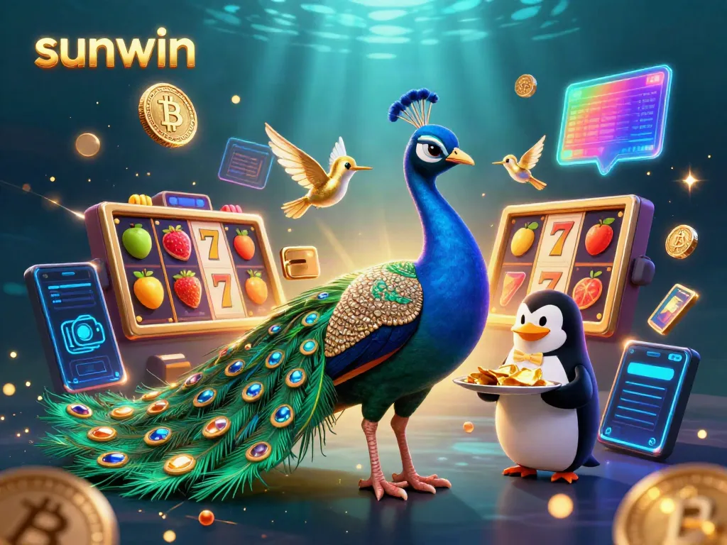 Experience the excitement of sunwin with vibrant slot reels, crypto coins, and animated characters.