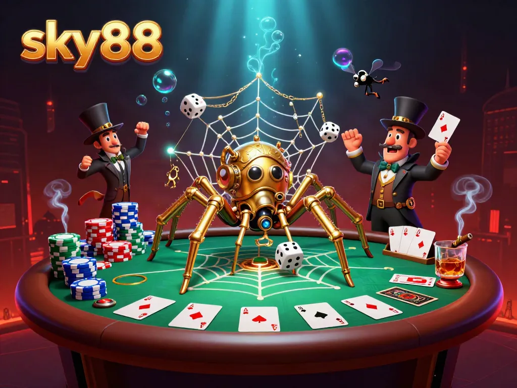 Engage in thrilling gameplay at sky88 with a steampunk spider and poker characters in an intricate scene.