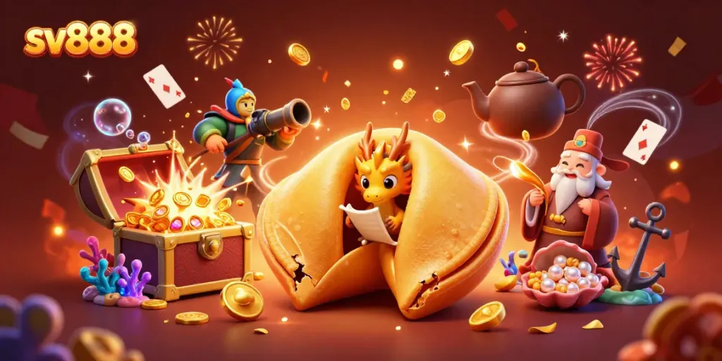 Engage in exciting gaming adventures with sv888's captivating visual elements, fortune cookie characters, and vibrant treasures.