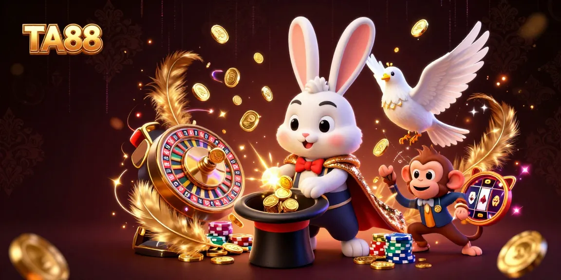 Experience the magic of TA88 with a playful 3D illustration featuring the casino's thrilling game elements and characters.