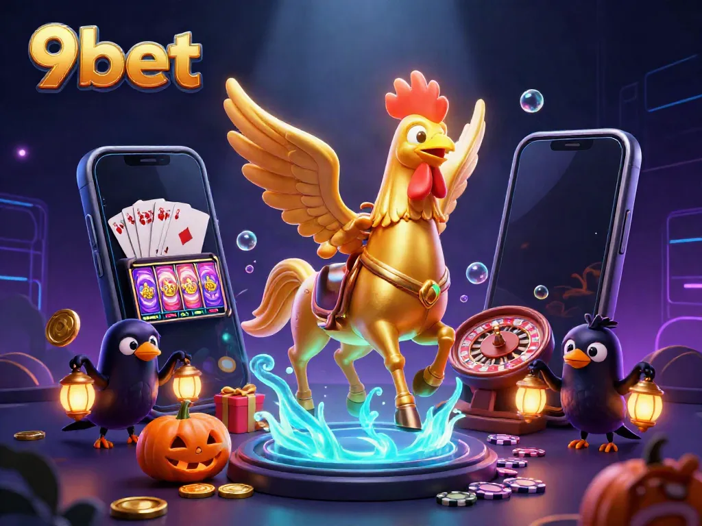 Experience the thrill of 9bet with vivid casino elements and dynamic characters in a magical setting.