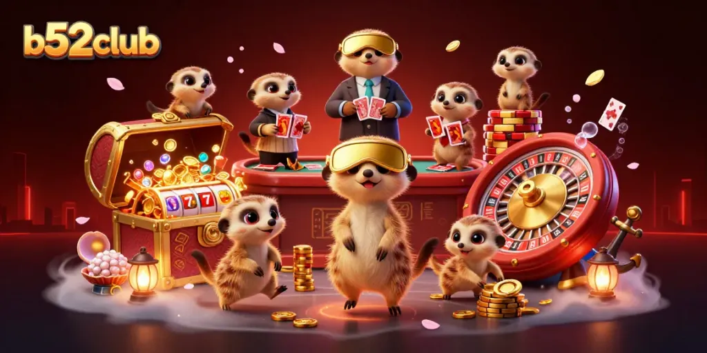 B52club meerkats entertaining players at a vibrant casino with spinning slot reels and lively gaming elements