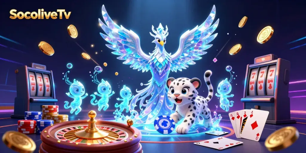 Experience excitement with SocoliveTv featuring lively animated characters amidst dazzling casino elements.