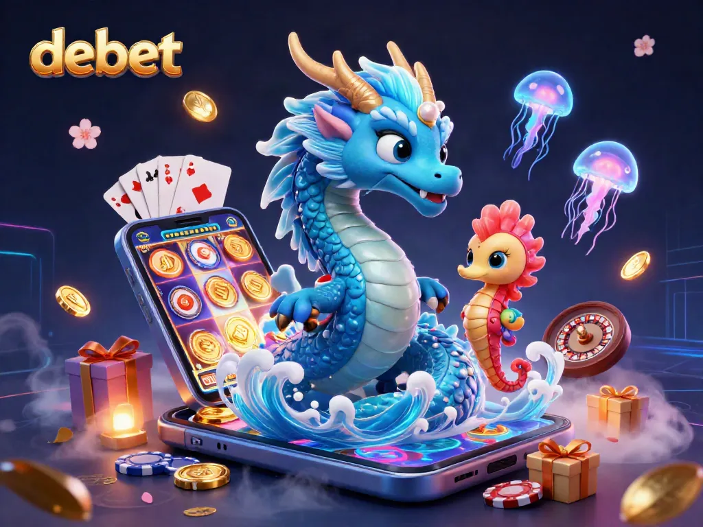 Experience the thrill of debet gaming with a vibrant 3D illustration showcasing an azure water dragon and lively game elements.