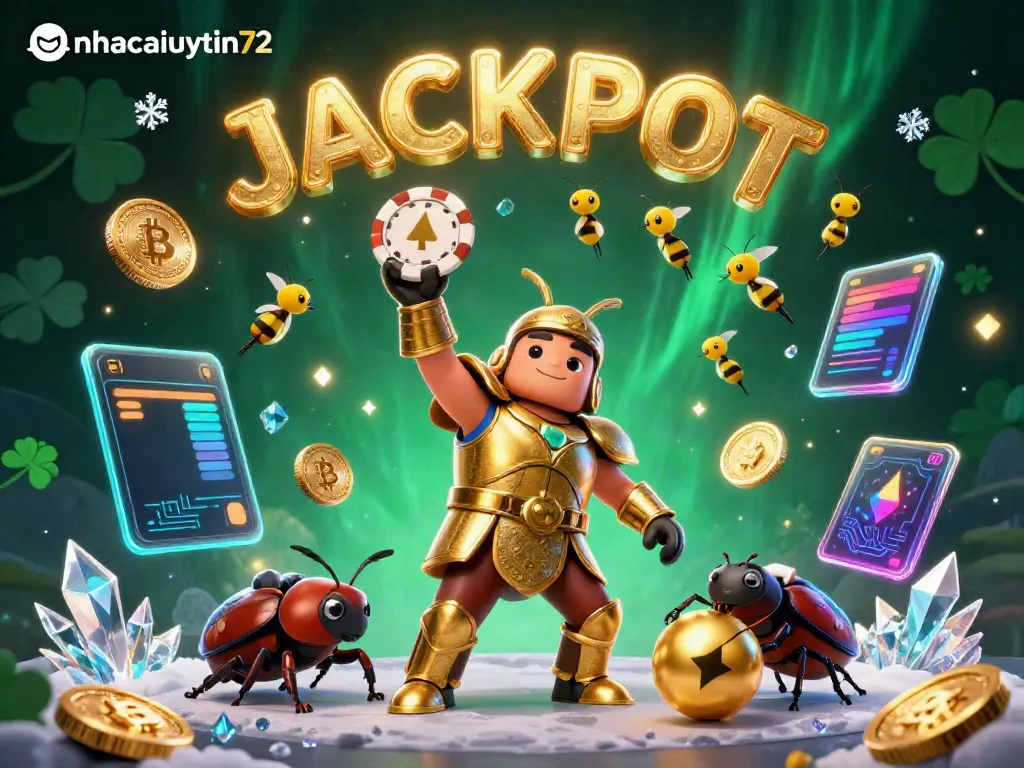 Win big with nhacaiuytin72: A 3D cartoon beetle celebrates a poker victory among glowing crypto coins.