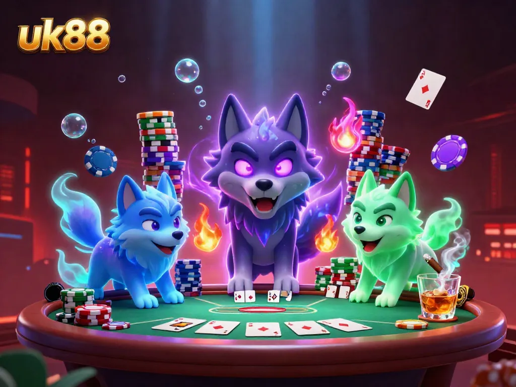 Experience immersive gaming action with uk88 in a vibrant 3D casino scene featuring poker and wolf companions.