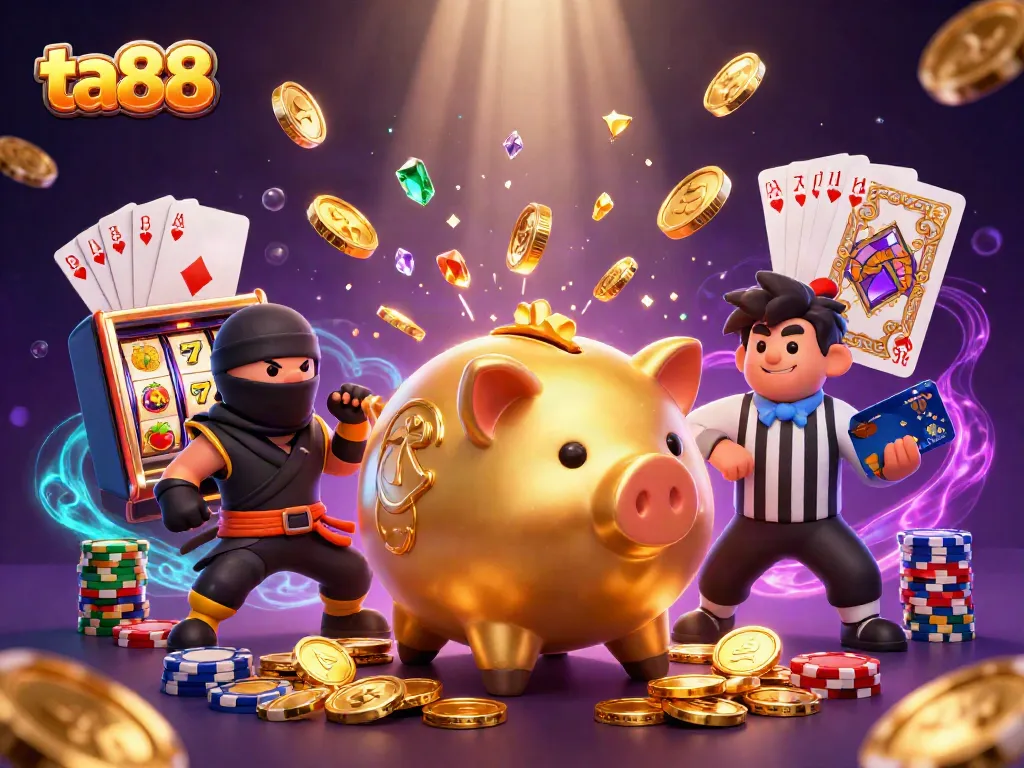 Engage with ta88's vibrant slot scene featuring a sumo wrestler, wallet ninja, and card samurai.