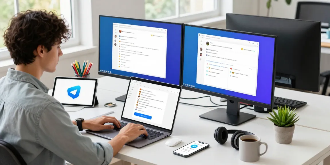 Download Telegram from a modern workspace with professional using laptop, focused on chat apps and digital collaboration