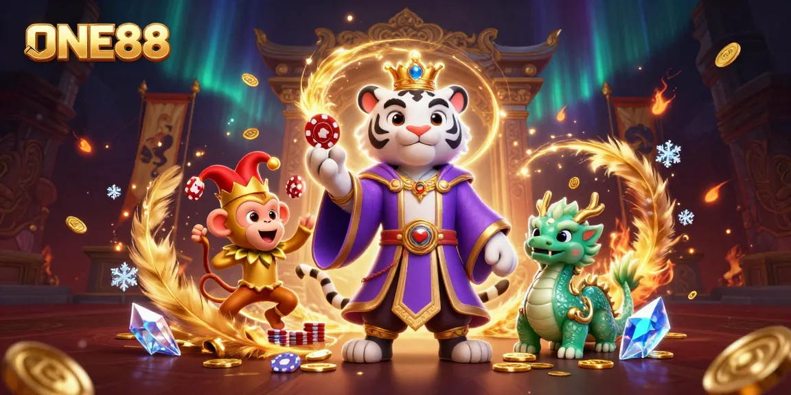 Engage with ONE88's vibrant casino world featuring an elegant white tiger and golden monkey amidst dynamic gaming elements.