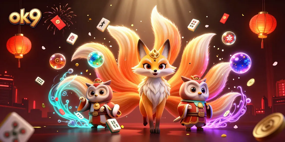 Win big at ok9 with a vibrant scene featuring a nine-tailed fox spirit and 3D casino elements.