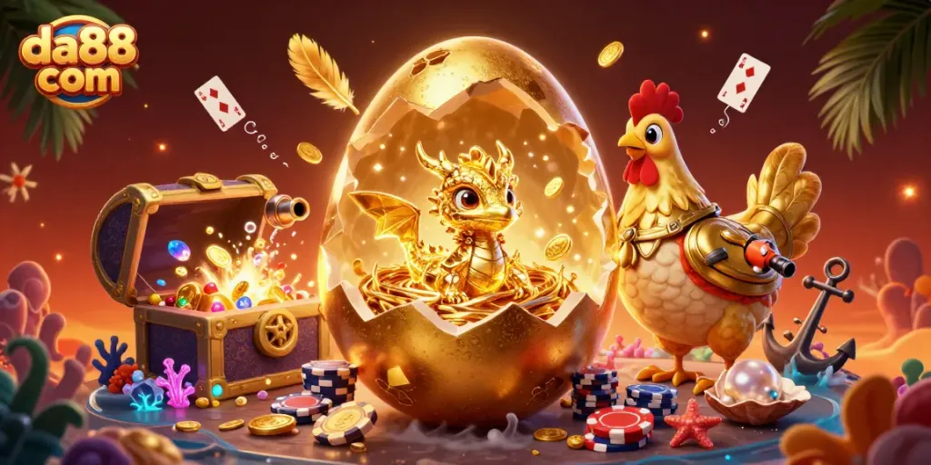 Experience the action at da88 com with a golden dragon amidst vibrant casino-themed treasures.