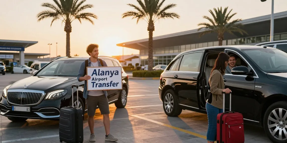 Alanya Airport Transfer welcome scene with a driver and luxury vehicle at Antalya Airport.