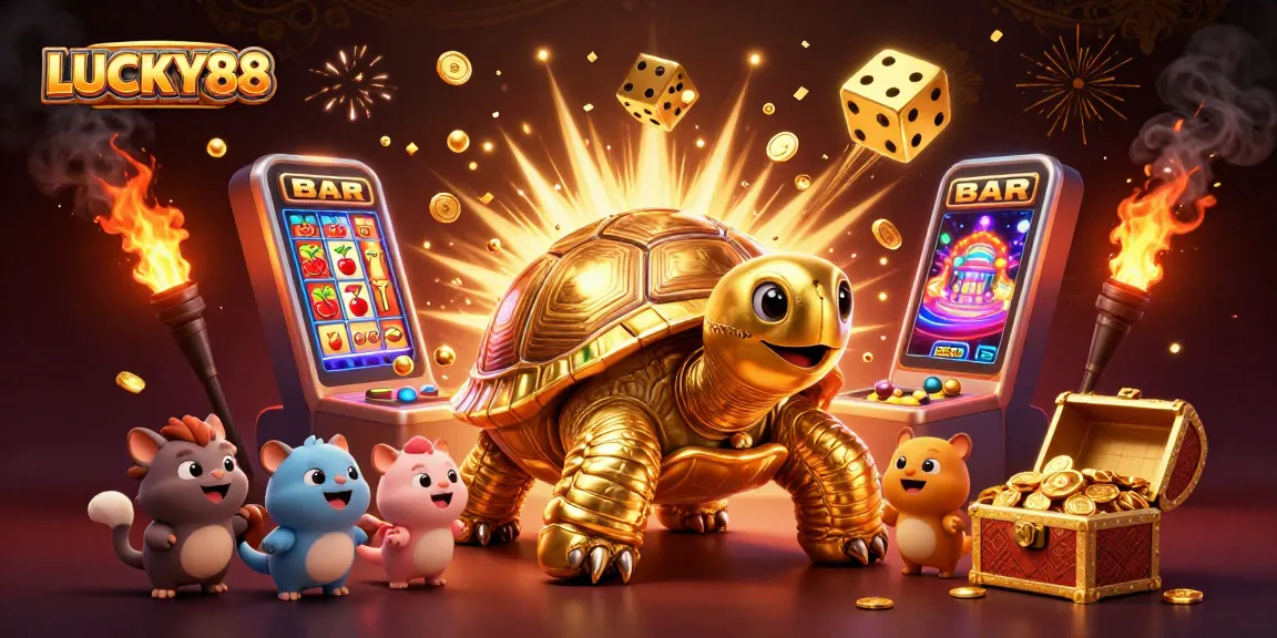LUCKY88 features a colossal golden tortoise pinball machine amidst vibrant casino elements.