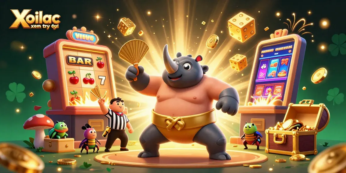 Xoilac xem trực tiếp showcases a vibrant casino scene with a beetle champion and flying riches.