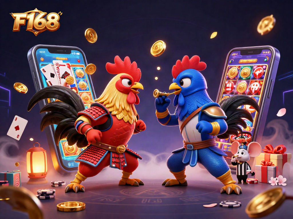 F168 showcases an exciting duel between colorful fighting roosters in a vibrant casino setting.