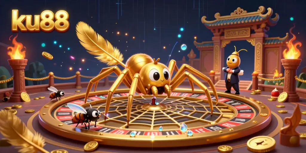 Engage with ku88's thrilling gaming scene, featuring a dynamic spider and centipede croupier within a vibrant roulette web.