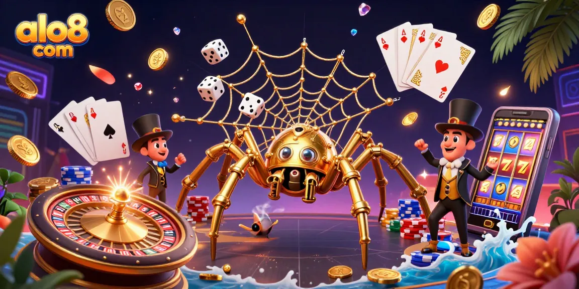 Engage in thrilling action at alo8 com with vibrant games, golden coins, and a captivating casino scene.