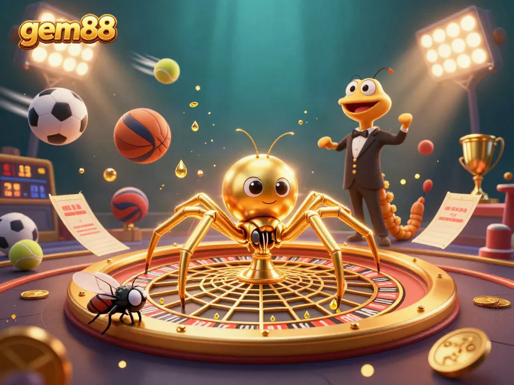 Betting at gem88 with a colorful casino scene featuring a spider and centipede in a dynamic roulette web.