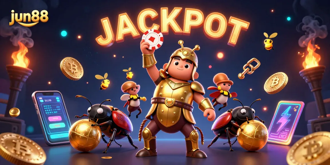 Experience thrilling wins with jun88 as the hercules beetle celebrates a jackpot in a vibrant casino scene.