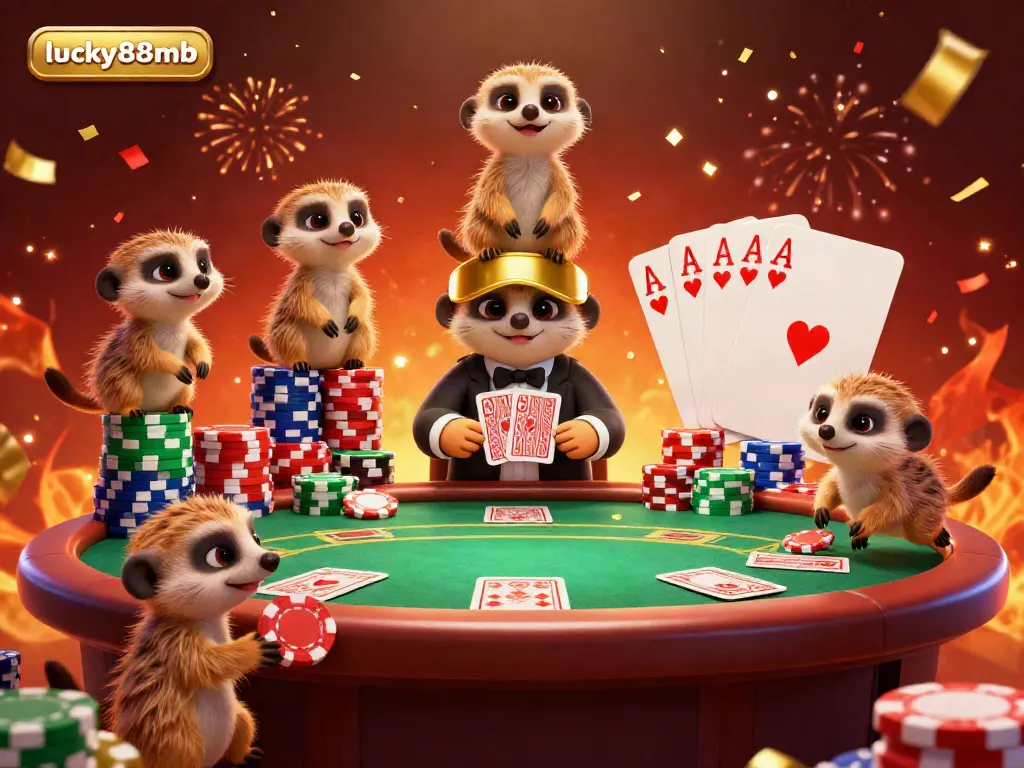 Join the excitement at lucky88mb as meerkats run a lively casino scene filled with poker action and vibrant energy.