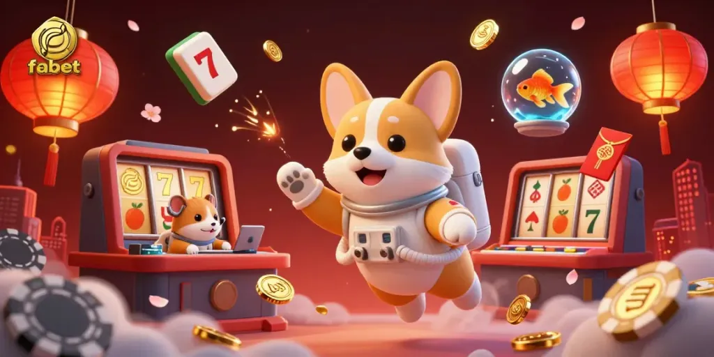 Experience fabet's dynamic casino atmosphere with a playful astronaut corgi, floating poker chips, and golden treasures.