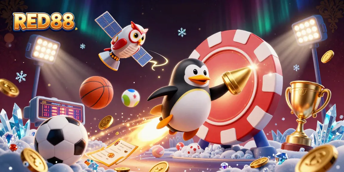 Experience the thrill of betting with RED88 as the golden penguin launches towards a winning future.