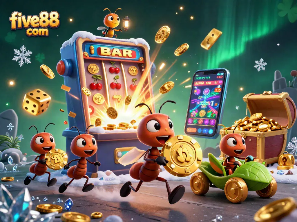 Experience thrilling gaming at five88 com with ants carrying a massive poker chip amidst slot machine action.