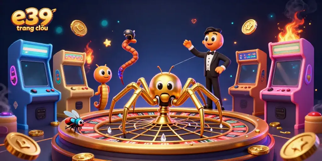Experience thrilling bets at e39 trang chủ with a golden spider and a centipede croupier in this lively casino scene.