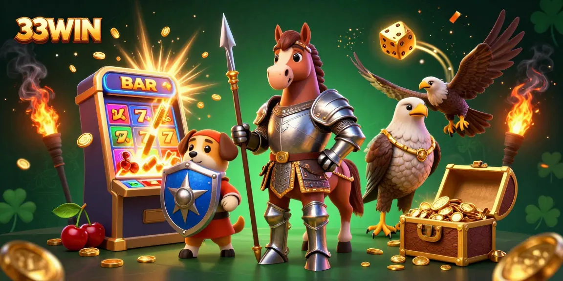 Win big with 33WIN in this dynamic 3D casino scene featuring knights, treasures, and jackpots!