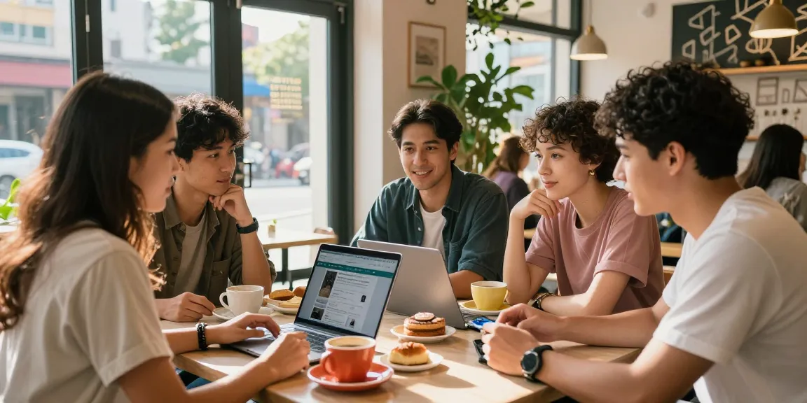 Friends discussing rokok88 link alternatif options at a lively cafe