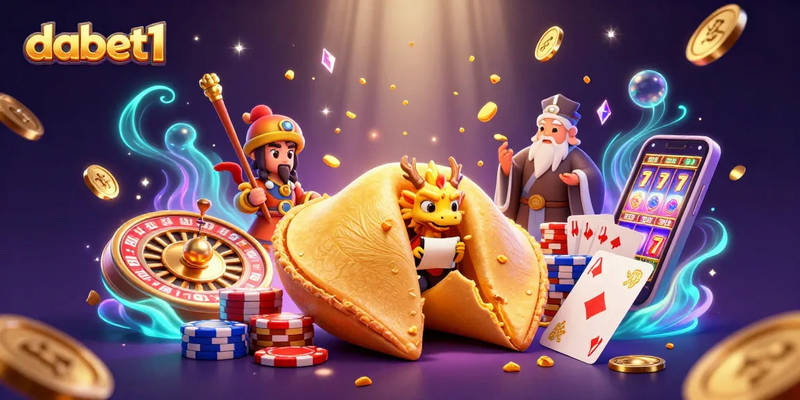 Dabet1 showcases a thrilling moment with a giant golden fortune cookie and a wise dragon amidst a vibrant casino scene.
