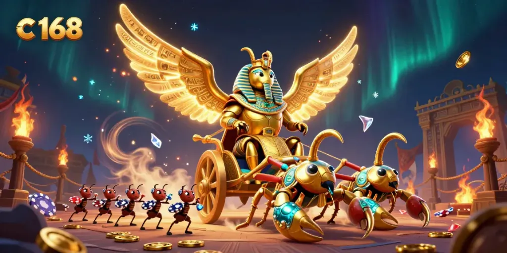 Engage with exciting gambling scenes featuring c 168, a golden scarab beetle in pharaoh armor surrounded by gold and chips.