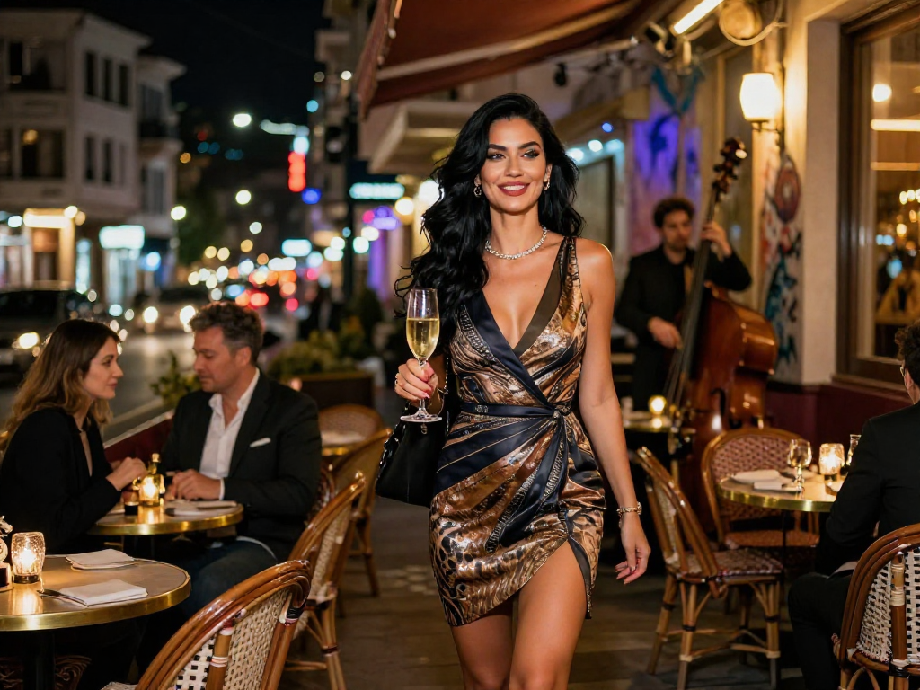 Escort Beylikdüzü ile lüks bir akşam yemeği sonrası, şık bir elbise giymiş kadın, şehir ışıkları arka planda.