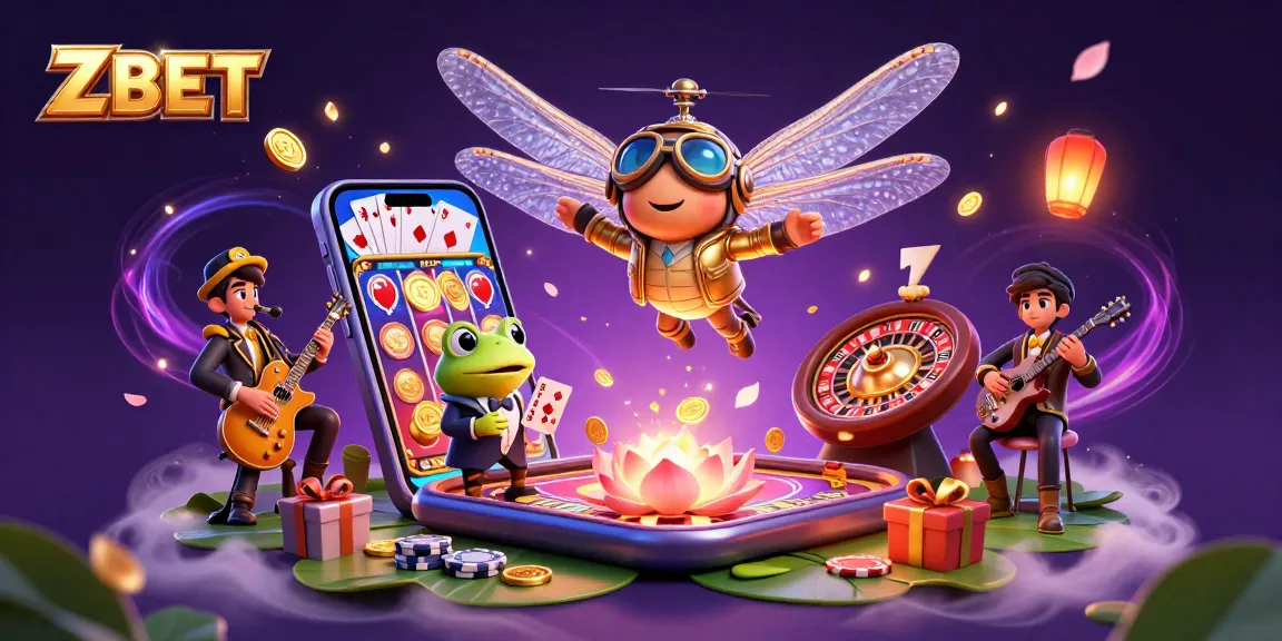 ZBET offers thrilling entertainment with a dragonfly pilot, frog croupier, and jazz musicians in a vibrant casino scene.