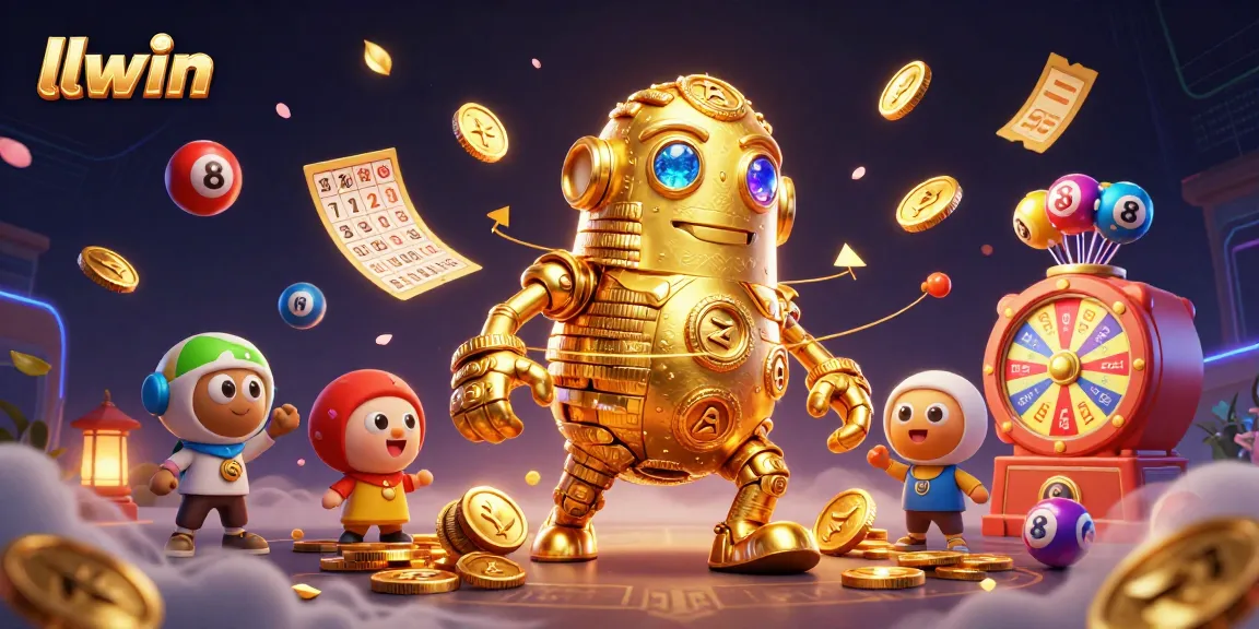 Experience thrilling gaming at llwin with a dynamic scene of a golden golem and casino elements.