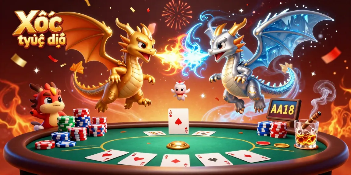 Xôi lạc trực tiếp showcases a vibrant 3D scene with dragons and poker elements bringing excitement to online gaming.