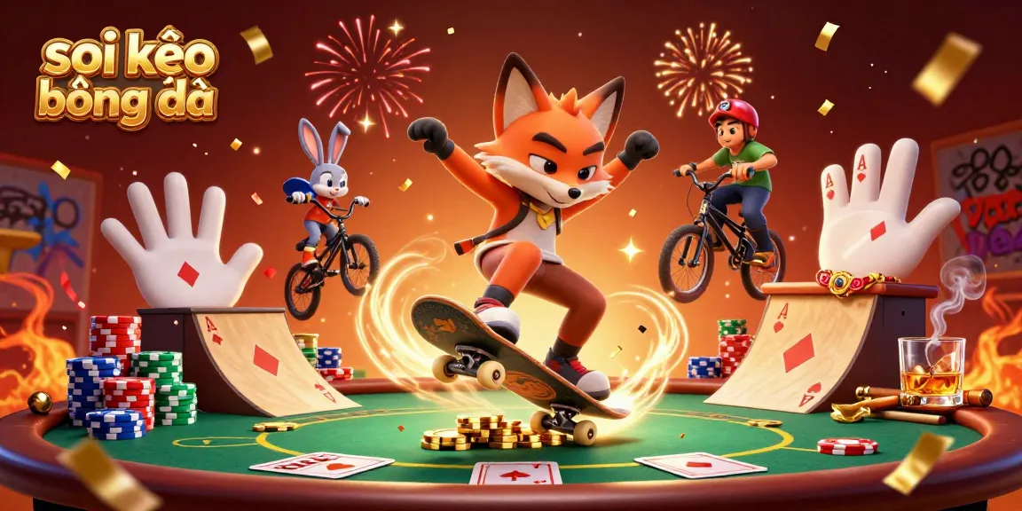 Soi kèo bóng đá illustration with a skateboarder fox and BMX rabbit amidst poker chips and casino décor.