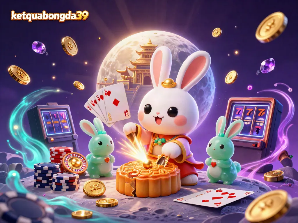 Experience exciting gambling action with ketquabongda39 as moon rabbits reveal poker chips and spinning roulette wheels.