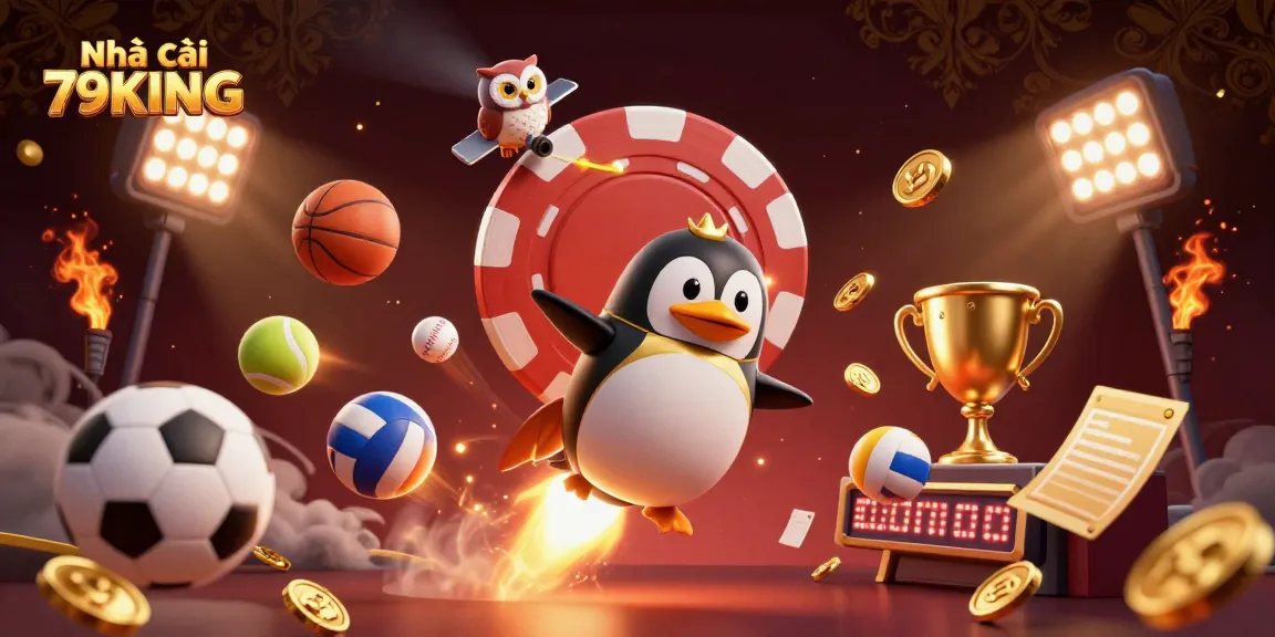 Join the thrilling adventure with Nhà cái 79KING and a rocket-powered penguin amid vibrant casino stars.