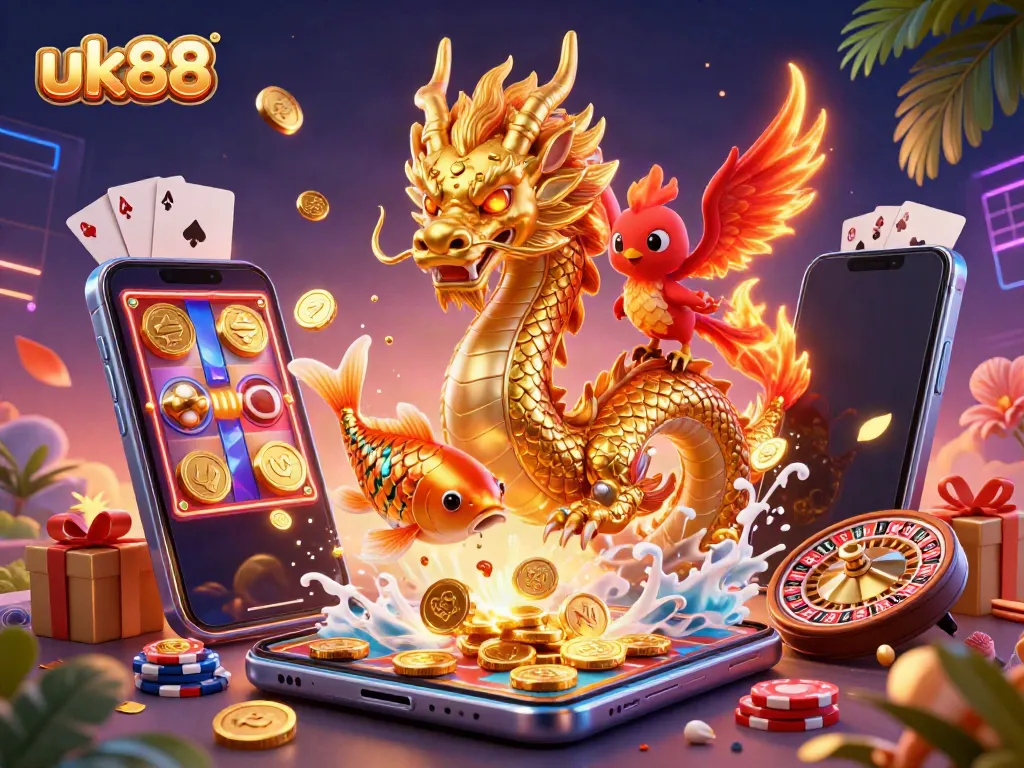 Experience thrilling gameplay at uk88 with a majestic dragon, phoenix, and coins in a dynamic casino scene.