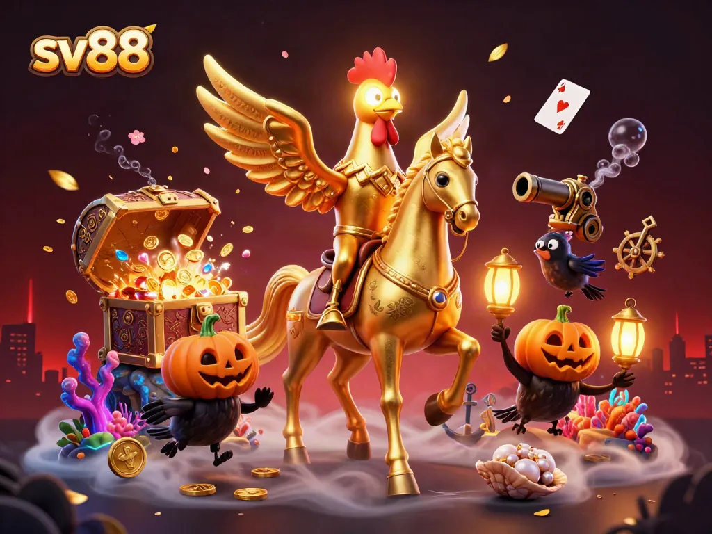 Bet on sv88 with vibrant gold rooster, exciting casino games, and vivid treasure elements