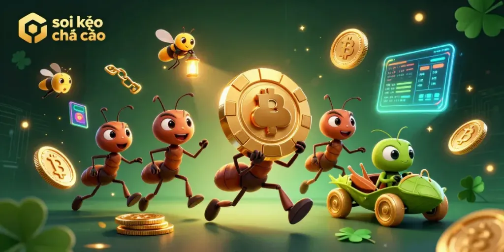 Soi kèo nhà cái with 3D cartoon ants carrying a large poker chip amidst exciting gambling elements
