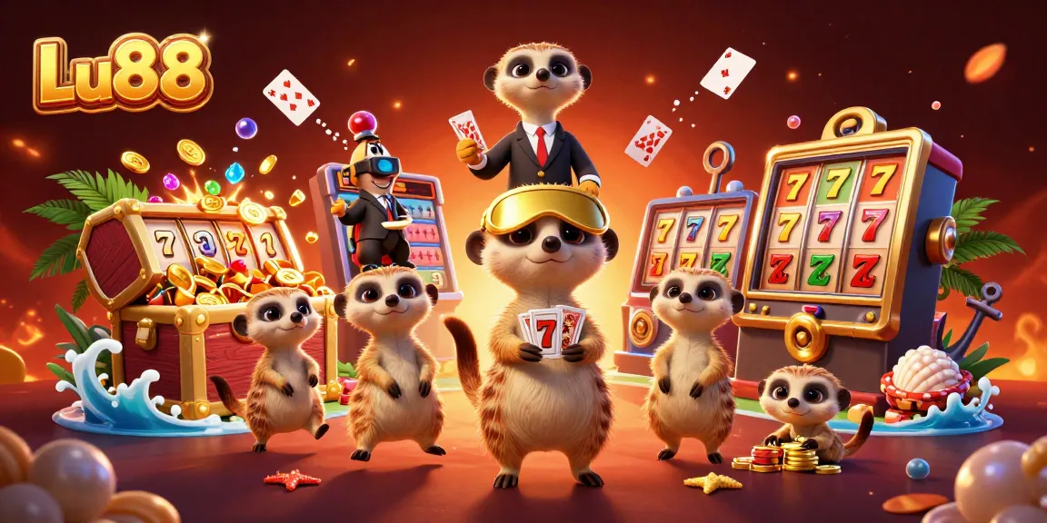 Experience exciting gameplay at Lu88 with meerkats running a vibrant casino including slots, cards, and treasures.