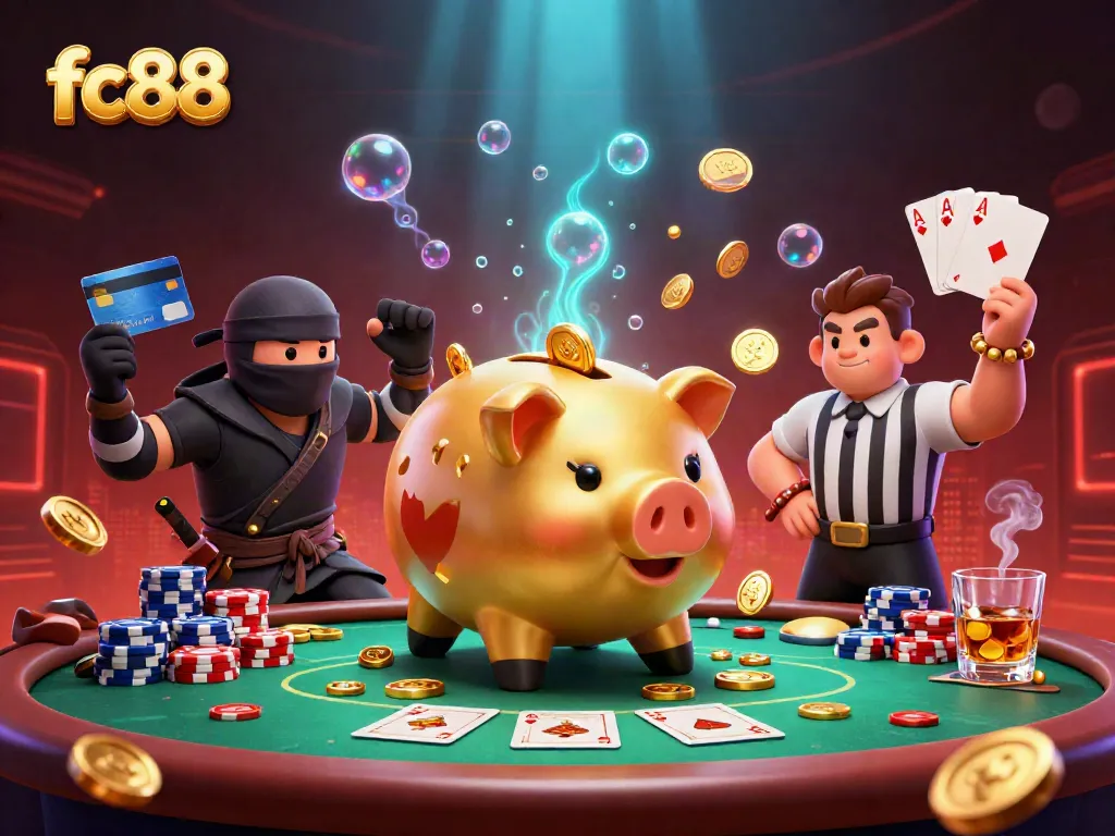Experience the excitement of fc88 with our lively illustration showcasing a golden piggy bank sumo wrestler in a dynamic poker scene.